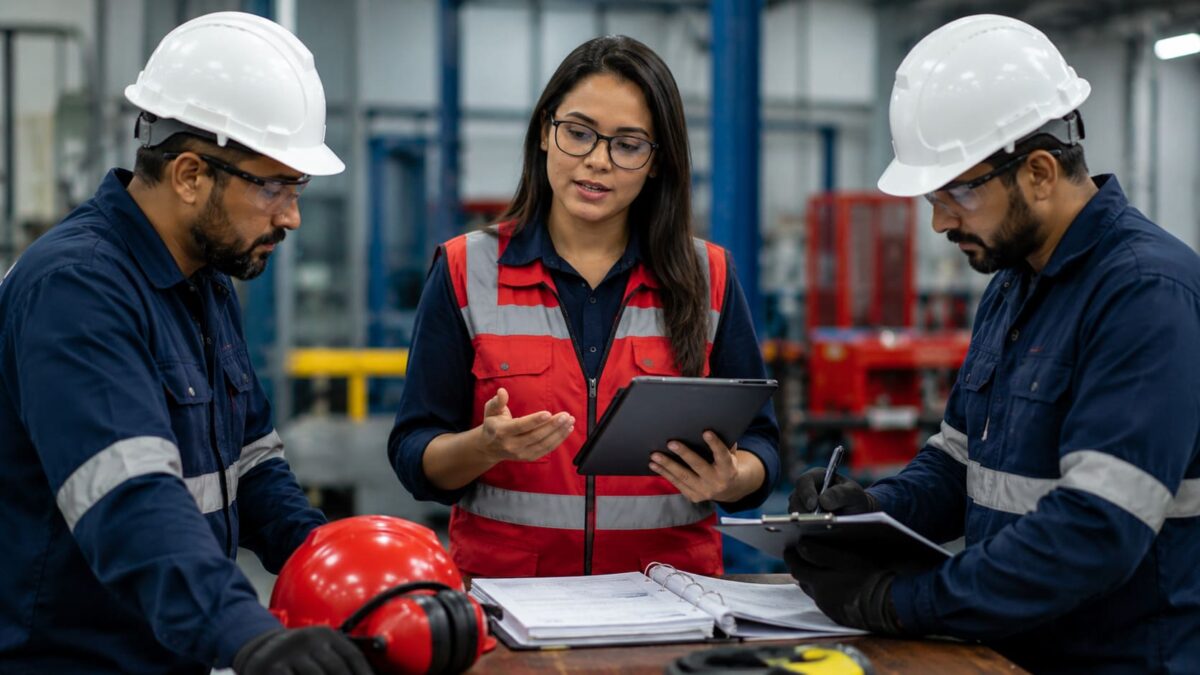 Organização de documentos e processos de segurança do trabalho representando gestão de SST